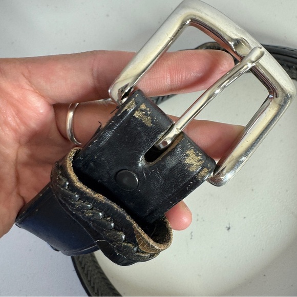 Vintage Western Rustic Tooled Leather Belt Black Silver Buckle Braided Sz 34 - Picture 12 of 16